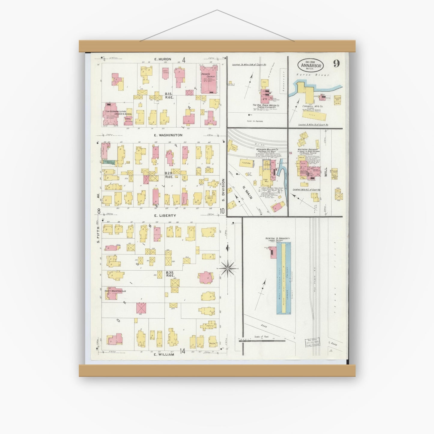 Old map wall art mockup — magnetic wood frame on white wall — Sanborn Fire Insurance Map from Ann Arbor, Washtenaw County, Michigan (1908), Sheet #0009