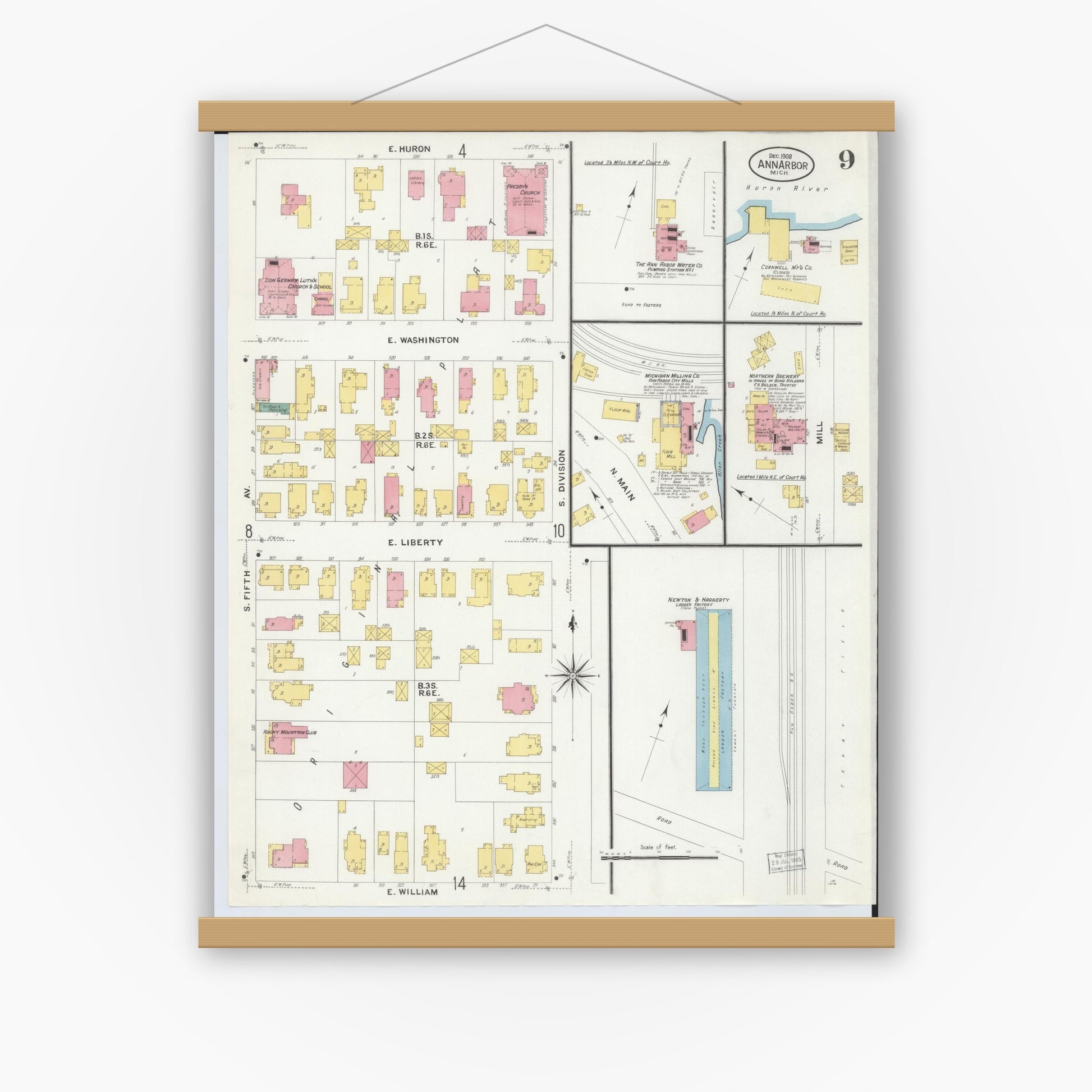 Old map wall art mockup — magnetic wood frame on white wall — Sanborn Fire Insurance Map from Ann Arbor, Washtenaw County, Michigan (1908), Sheet #0009