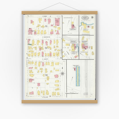 Old map wall art mockup — magnetic wood frame on white wall — Sanborn Fire Insurance Map from Ann Arbor, Washtenaw County, Michigan (1908), Sheet #0009