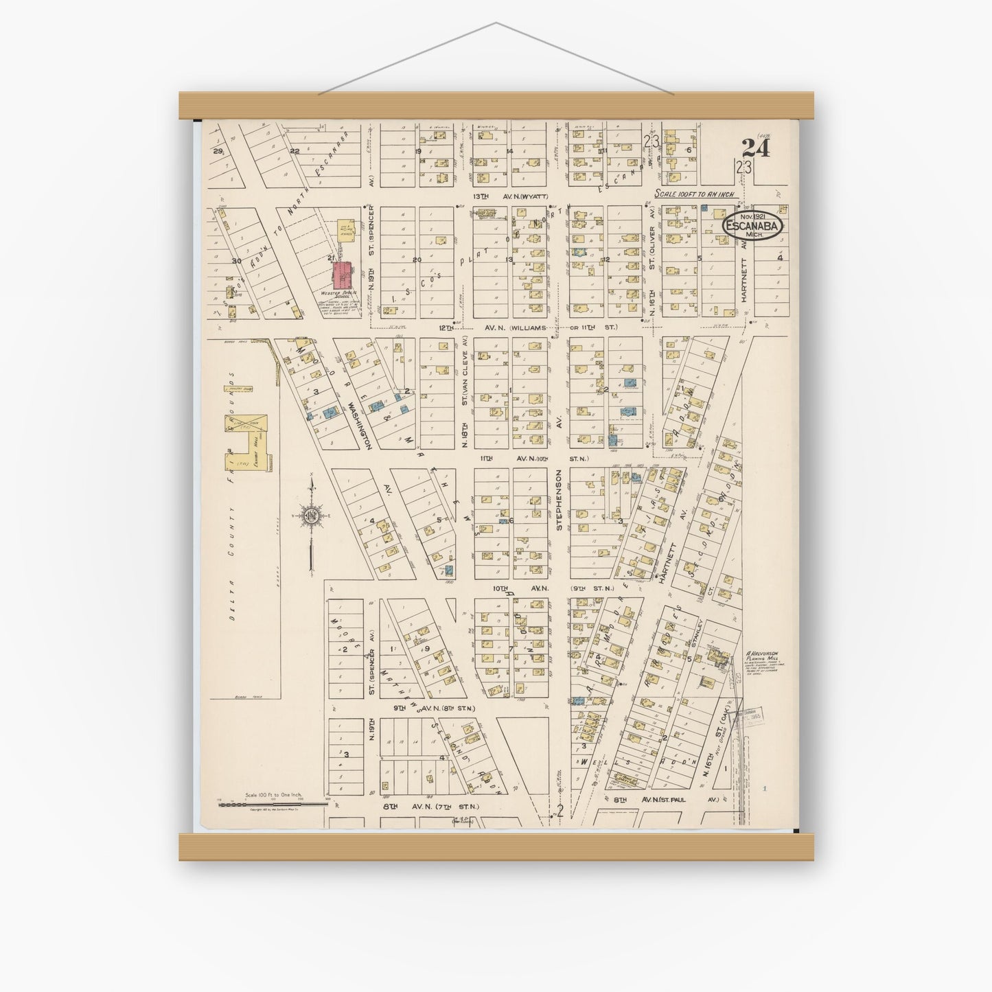 Old map wall art mockup — magnetic wood frame on white wall — Sanborn Fire Insurance Map from Escanaba, Delta County, Michigan (1921), Sheet #0024