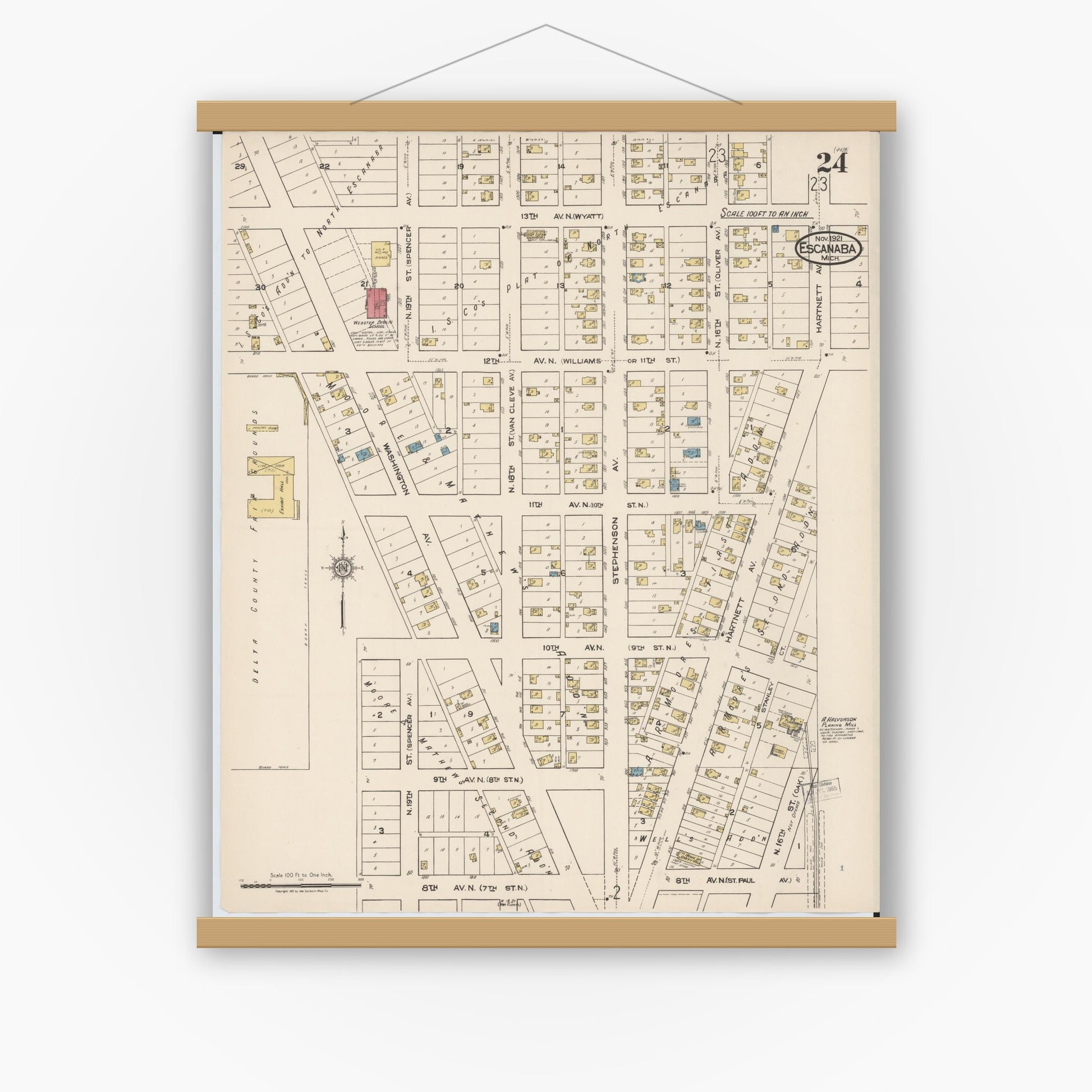 Old map wall art mockup — magnetic wood frame on white wall — Sanborn Fire Insurance Map from Escanaba, Delta County, Michigan (1921), Sheet #0024
