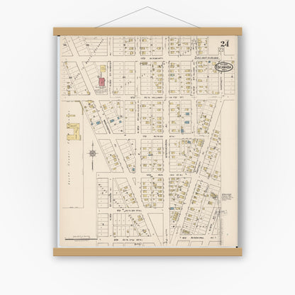 Old map wall art mockup — magnetic wood frame on white wall — Sanborn Fire Insurance Map from Escanaba, Delta County, Michigan (1921), Sheet #0024