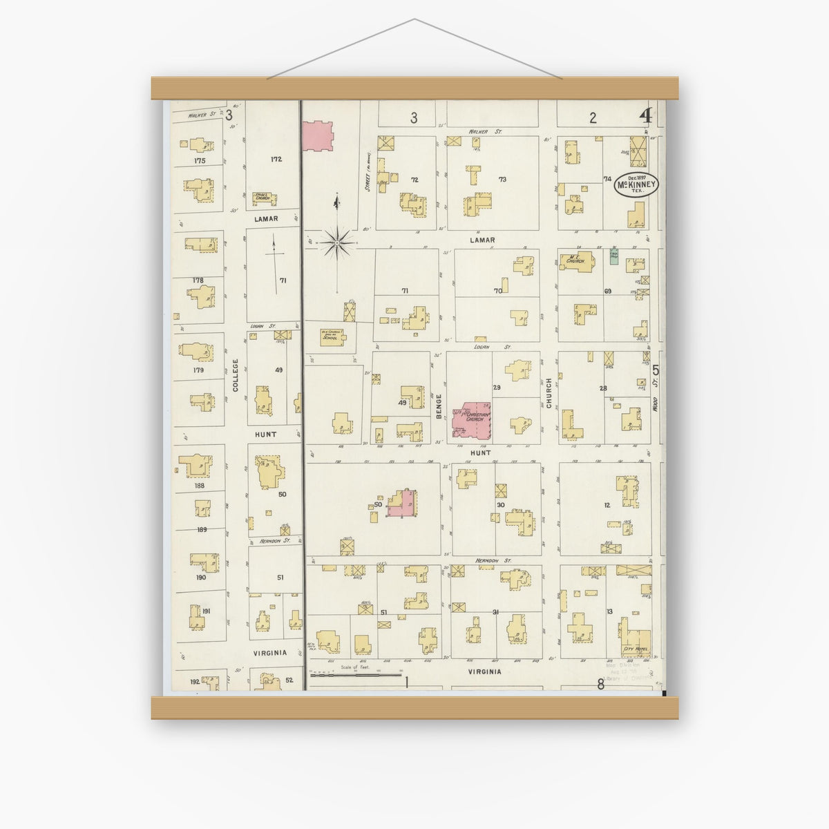 Old map wall art mockup — magnetic wood frame on white wall — Sanborn Fire Insurance Map from McKinney, Collin County, Texas (1897), Sheet #0004