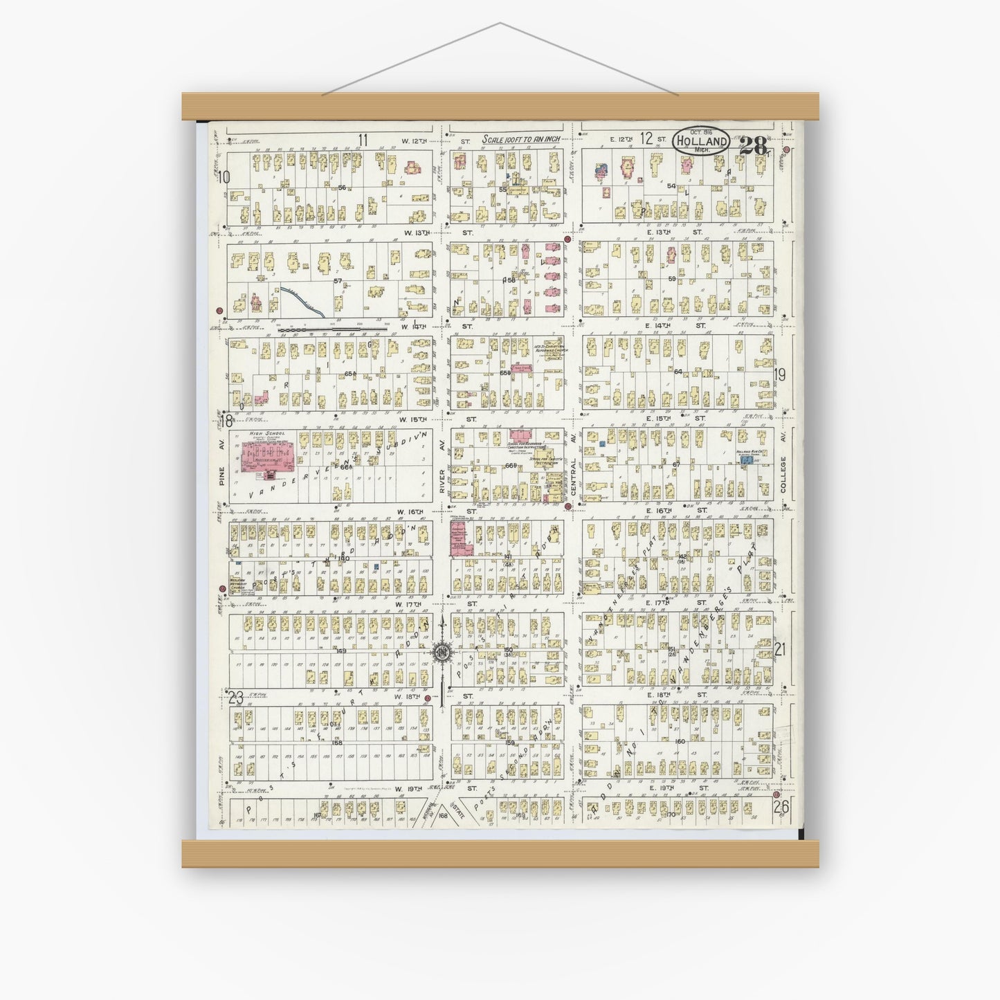 Old map wall art mockup — magnetic wood frame on white wall — Sanborn Fire Insurance Map from Holland, Ottawa County, Michigan (1916), Sheet #0028