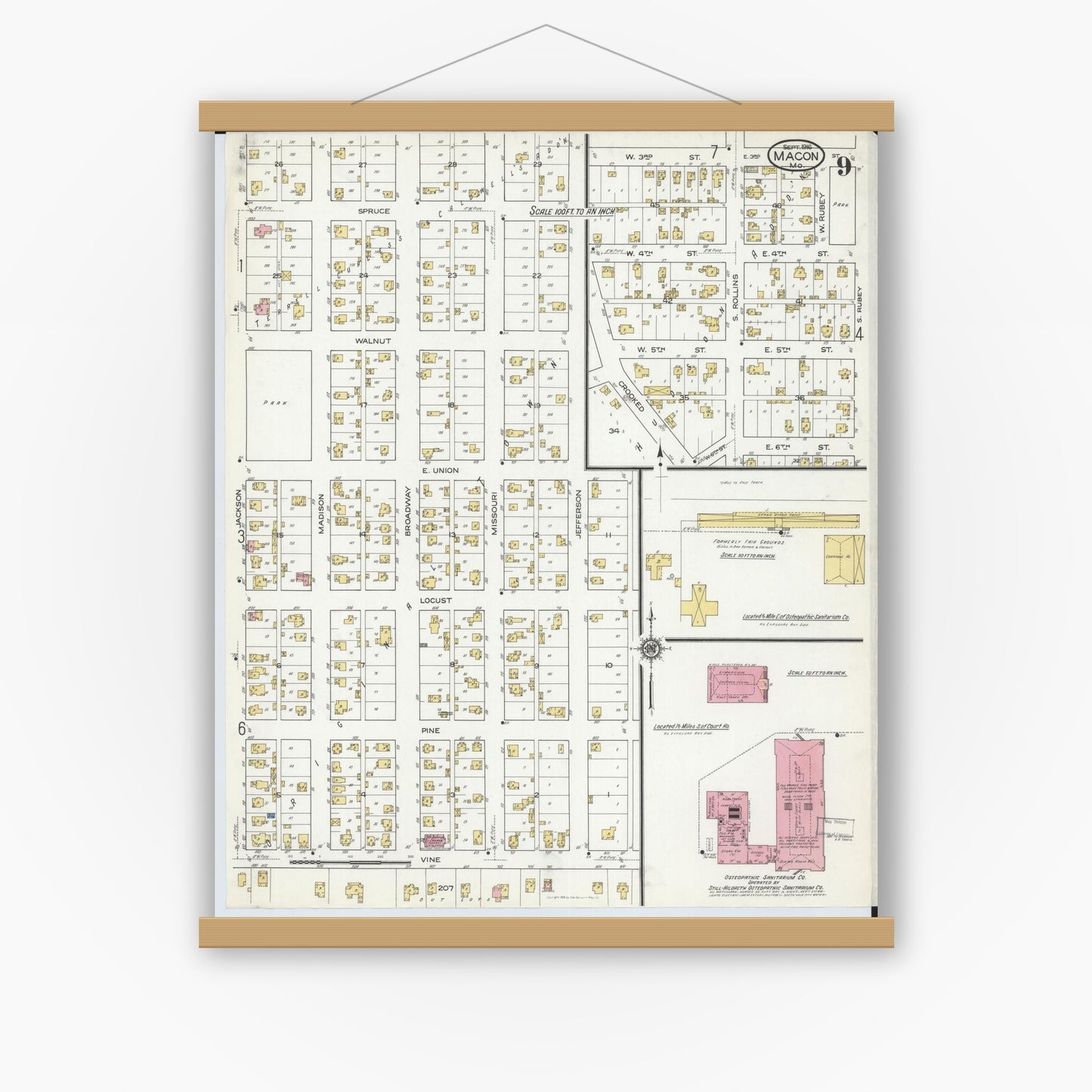Old map wall art mockup — magnetic wood frame on white wall — Sanborn Fire Insurance Map from Macon, Macon County, Missouri (1916), Sheet #0009