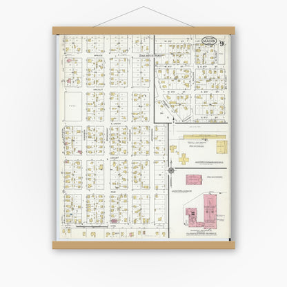 Old map wall art mockup — magnetic wood frame on white wall — Sanborn Fire Insurance Map from Macon, Macon County, Missouri (1916), Sheet #0009
