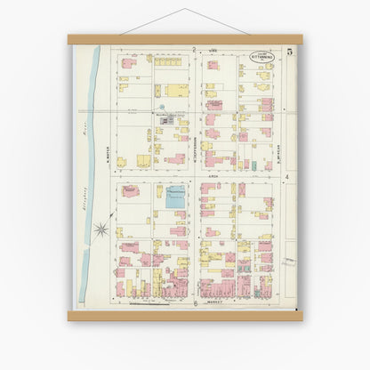 Old map wall art mockup — magnetic wood frame on white wall — Sanborn Fire Insurance Map from Kittanning, Armstrong County, Pennsylvania (1897), Sheet #0005