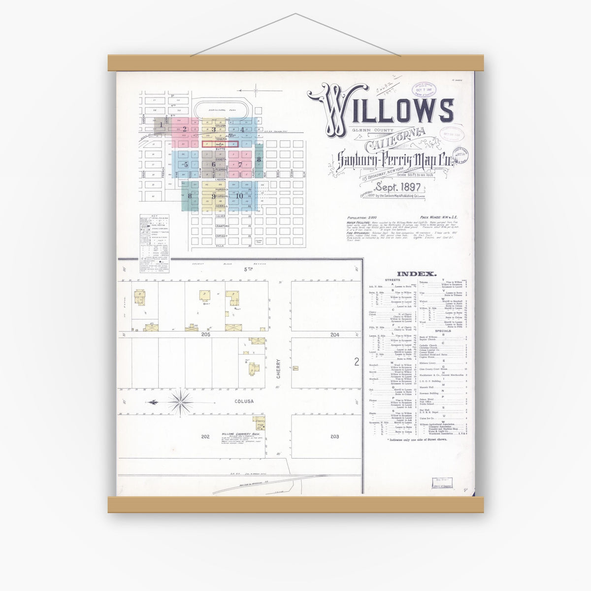 Old map wall art mockup — magnetic wood frame on white wall — Sanborn Fire Insurance Map from Willows, Glenn County, California (1897) - Complete Map Set