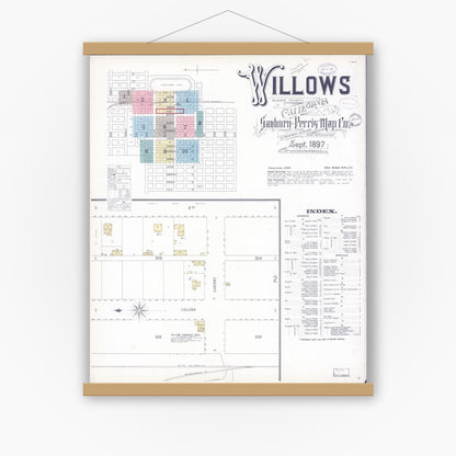Old map wall art mockup — magnetic wood frame on white wall — Sanborn Fire Insurance Map from Willows, Glenn County, California (1897) - Complete Map Set