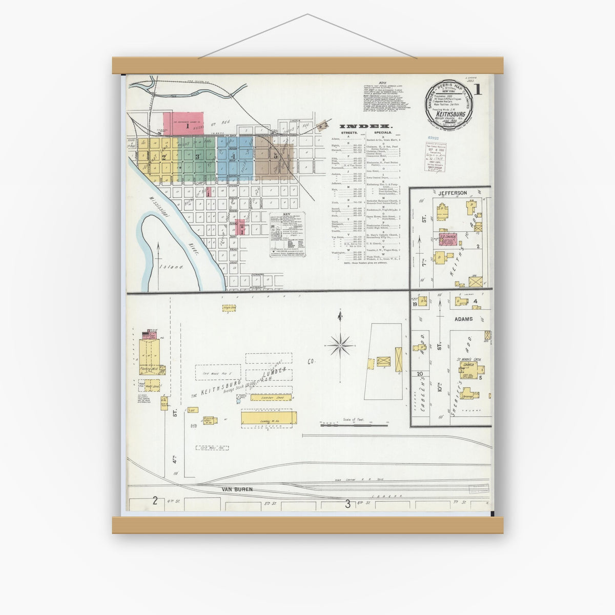 Old map wall art mockup — magnetic wood frame on white wall — Sanborn Fire Insurance Map from Keithsburg, Mercer County, Illinois (1900) - Complete Map Set