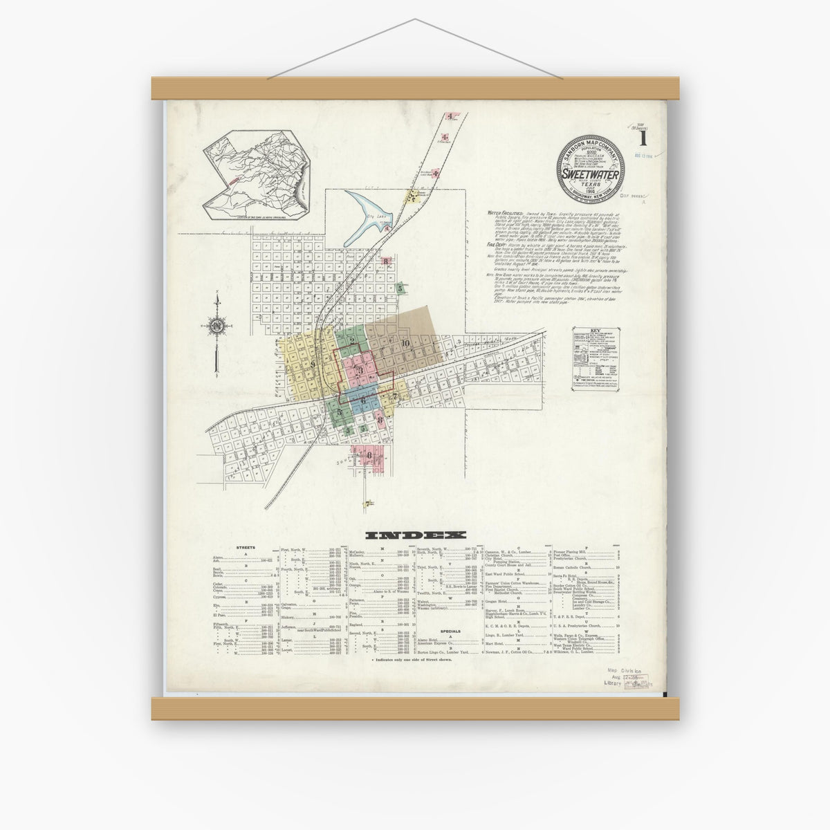 Old map wall art mockup — magnetic wood frame on white wall — Sanborn Fire Insurance Map from Sweetwater, Nolan County, Texas (1914) - Complete Map Set