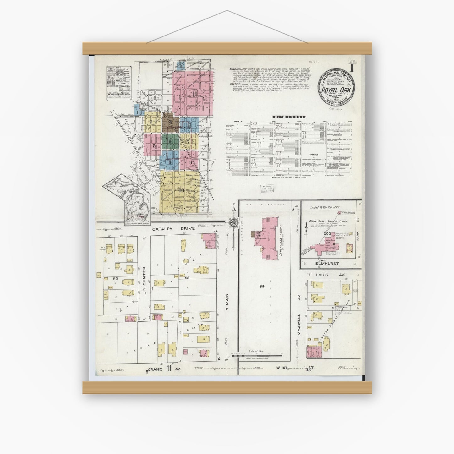 Old map wall art mockup — magnetic wood frame on white wall — Sanborn Fire Insurance Map from Royal Oak, Oakland County, Michigan (1921) - Complete Map Set