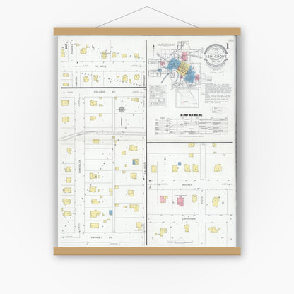 Old map wall art mockup — magnetic wood frame on white wall — Sanborn Fire Insurance Map from Ash Grove, Greene County, Missouri (1931) - Complete Map Set
