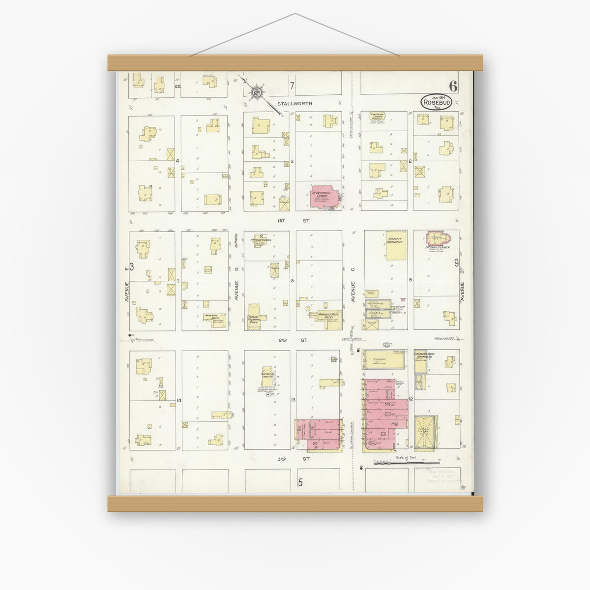 Old map wall art mockup — magnetic wood frame on white wall — Sanborn Fire Insurance Map from Rosebud, Falls County, Texas (1914), Sheet #0006