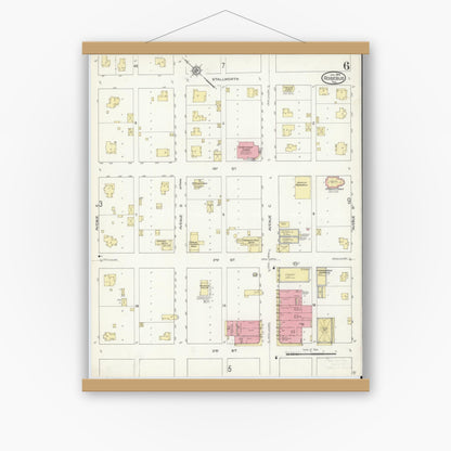 Old map wall art mockup — magnetic wood frame on white wall — Sanborn Fire Insurance Map from Rosebud, Falls County, Texas (1914), Sheet #0006