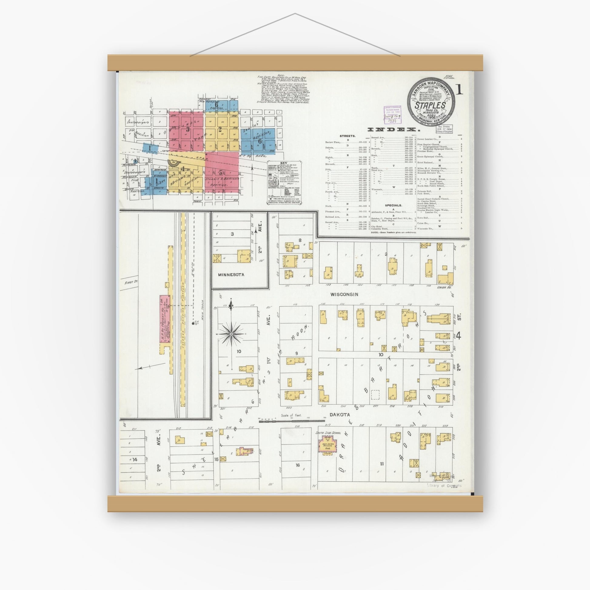 Old map wall art mockup — magnetic wood frame on white wall — Sanborn Fire Insurance Map from Staples, Todd County, Minnesota (1904) - Complete Map Set