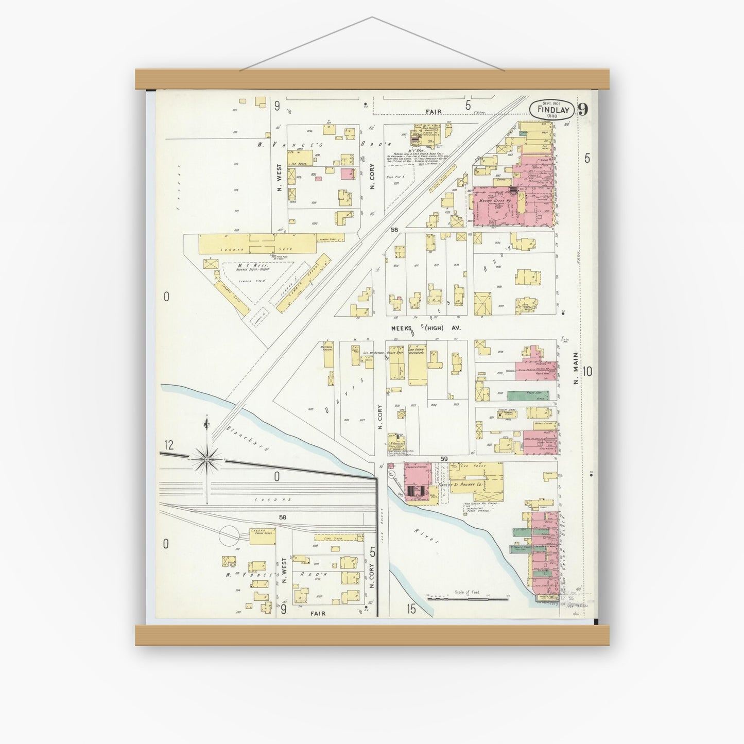 Old map wall art mockup — magnetic wood frame on white wall — Sanborn Fire Insurance Map from Findlay, Hancock County, Ohio (1901), Sheet #0009