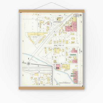 Old map wall art mockup — magnetic wood frame on white wall — Sanborn Fire Insurance Map from Findlay, Hancock County, Ohio (1901), Sheet #0009