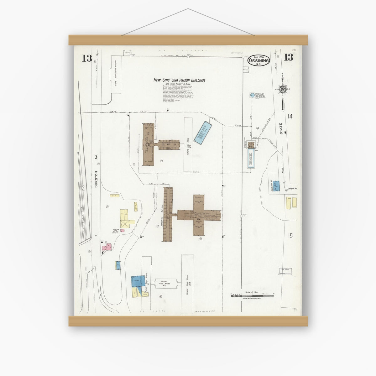 Old map wall art mockup — magnetic wood frame on white wall — Sanborn Fire Insurance Map from Ossining, Westchester County, New York (1924), Sheet #0013