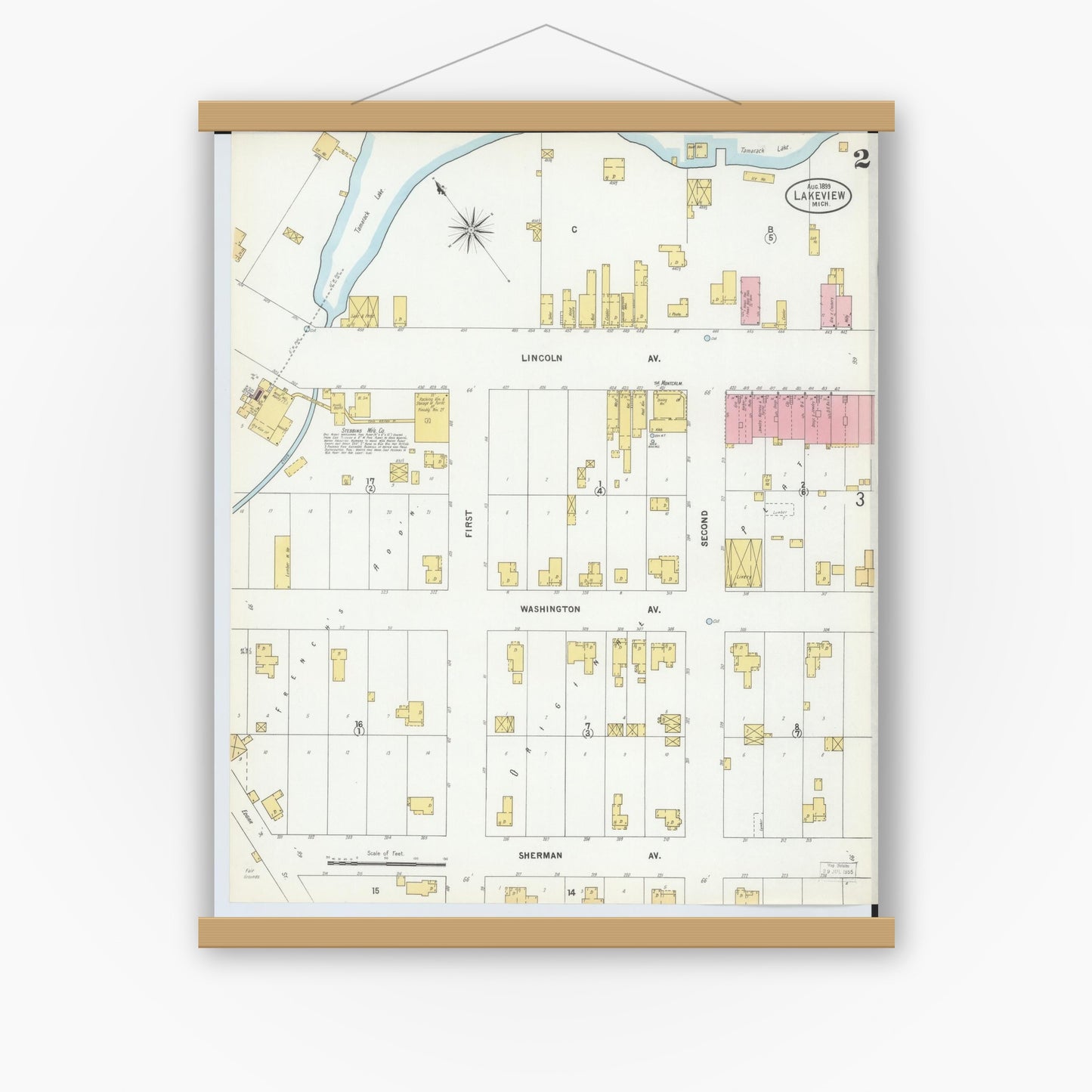 Old map wall art mockup — magnetic wood frame on white wall — Sanborn Fire Insurance Map from Lakeview, Montcalm County, Michigan (1899), Sheet #0002