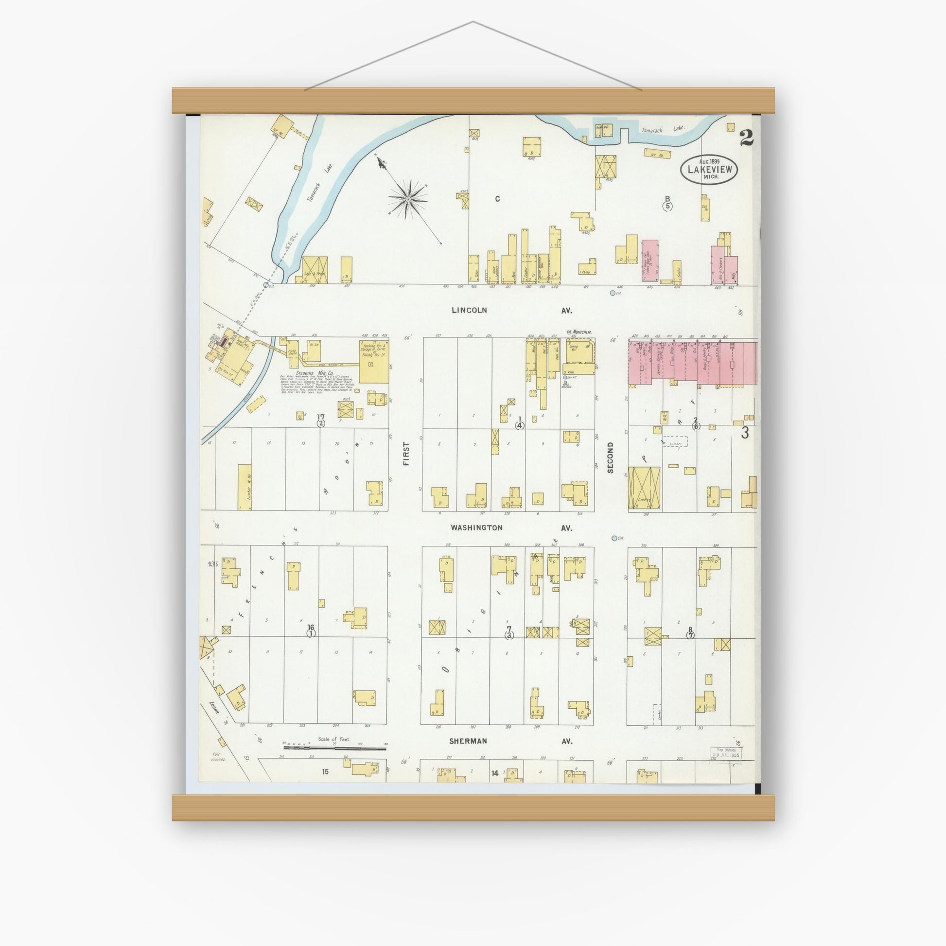 Old map wall art mockup — magnetic wood frame on white wall — Sanborn Fire Insurance Map from Lakeview, Montcalm County, Michigan (1899), Sheet #0002