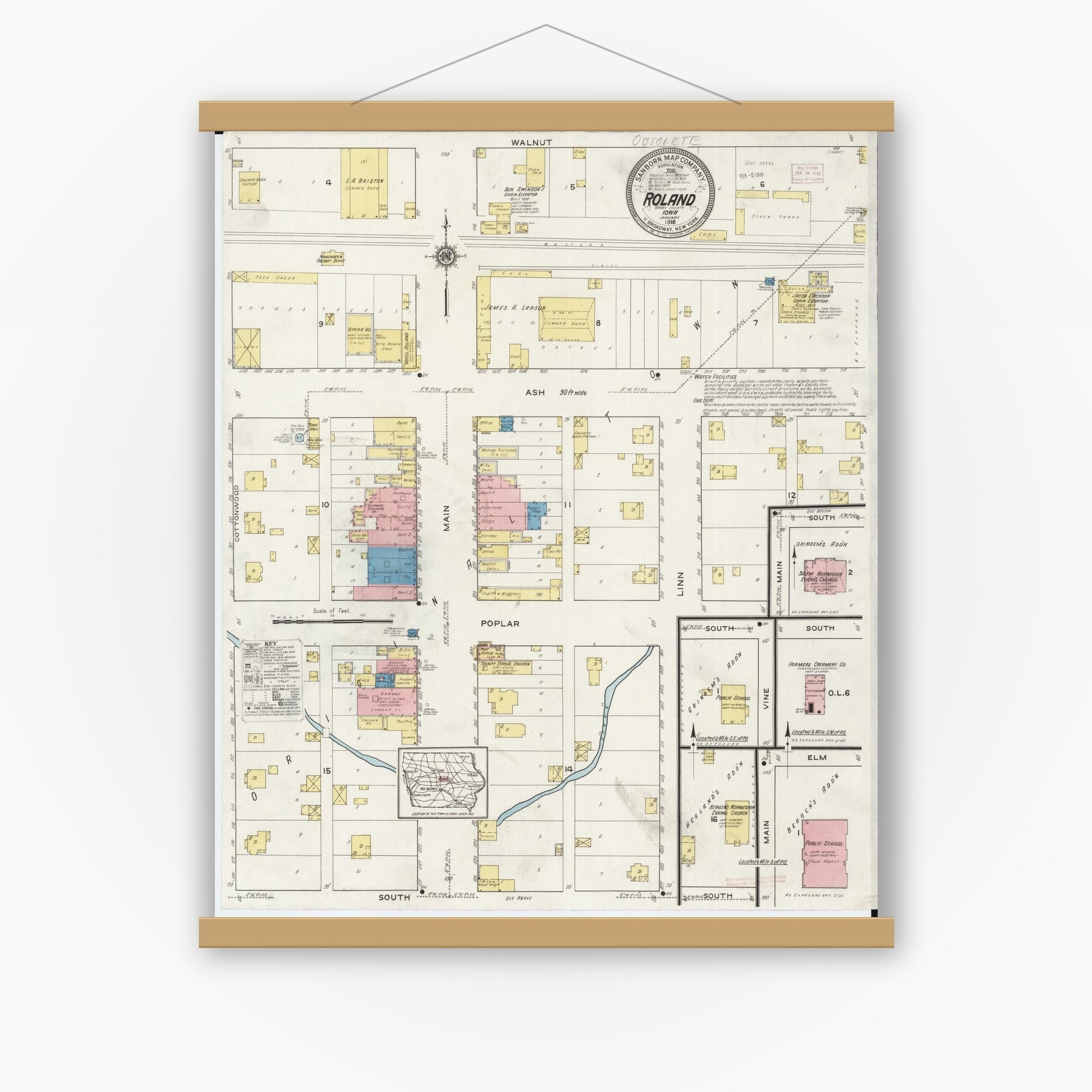 Old map wall art mockup — magnetic wood frame on white wall — Sanborn Fire Insurance Map from Roland, Story County, Iowa (1916), Sheet #0001