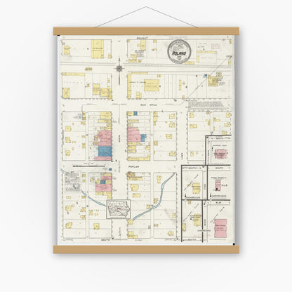 Old map wall art mockup — magnetic wood frame on white wall — Sanborn Fire Insurance Map from Roland, Story County, Iowa (1916), Sheet #0001