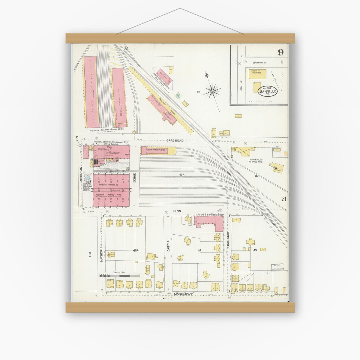 Old map wall art mockup — magnetic wood frame on white wall — Sanborn Fire Insurance Map from Danville, Independent Cities, Virginia (1904), Sheet #0009