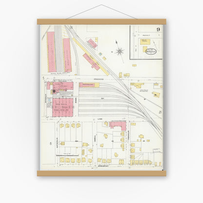 Old map wall art mockup — magnetic wood frame on white wall — Sanborn Fire Insurance Map from Danville, Independent Cities, Virginia (1904), Sheet #0009