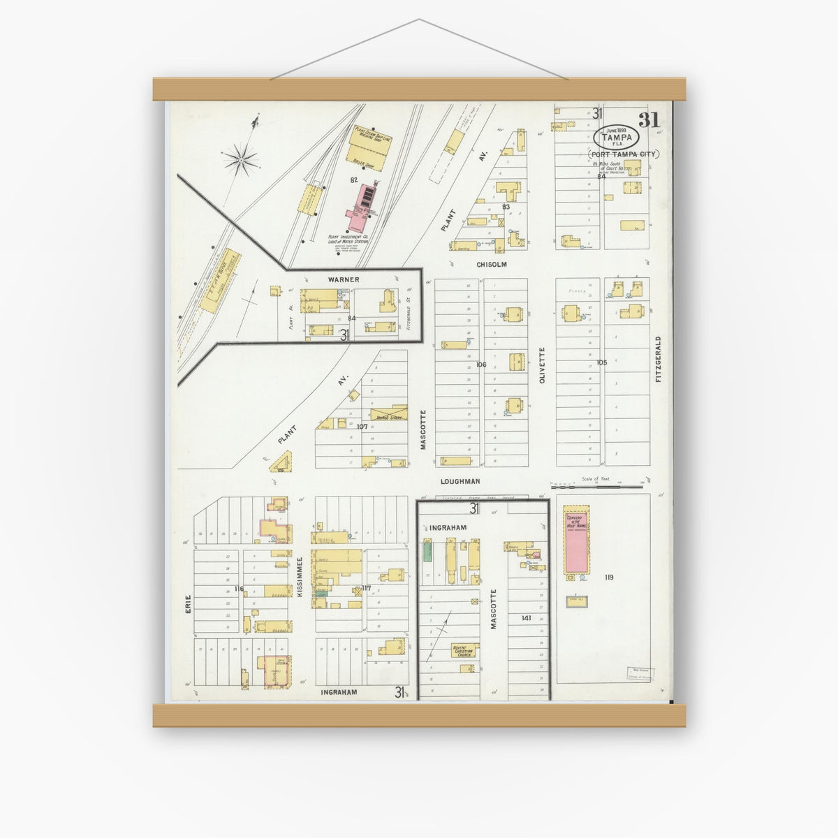 Old map wall art mockup — magnetic wood frame on white wall — Sanborn Fire Insurance Map from Tampa, Hillsborough County, Florida (1899), Sheet #0031