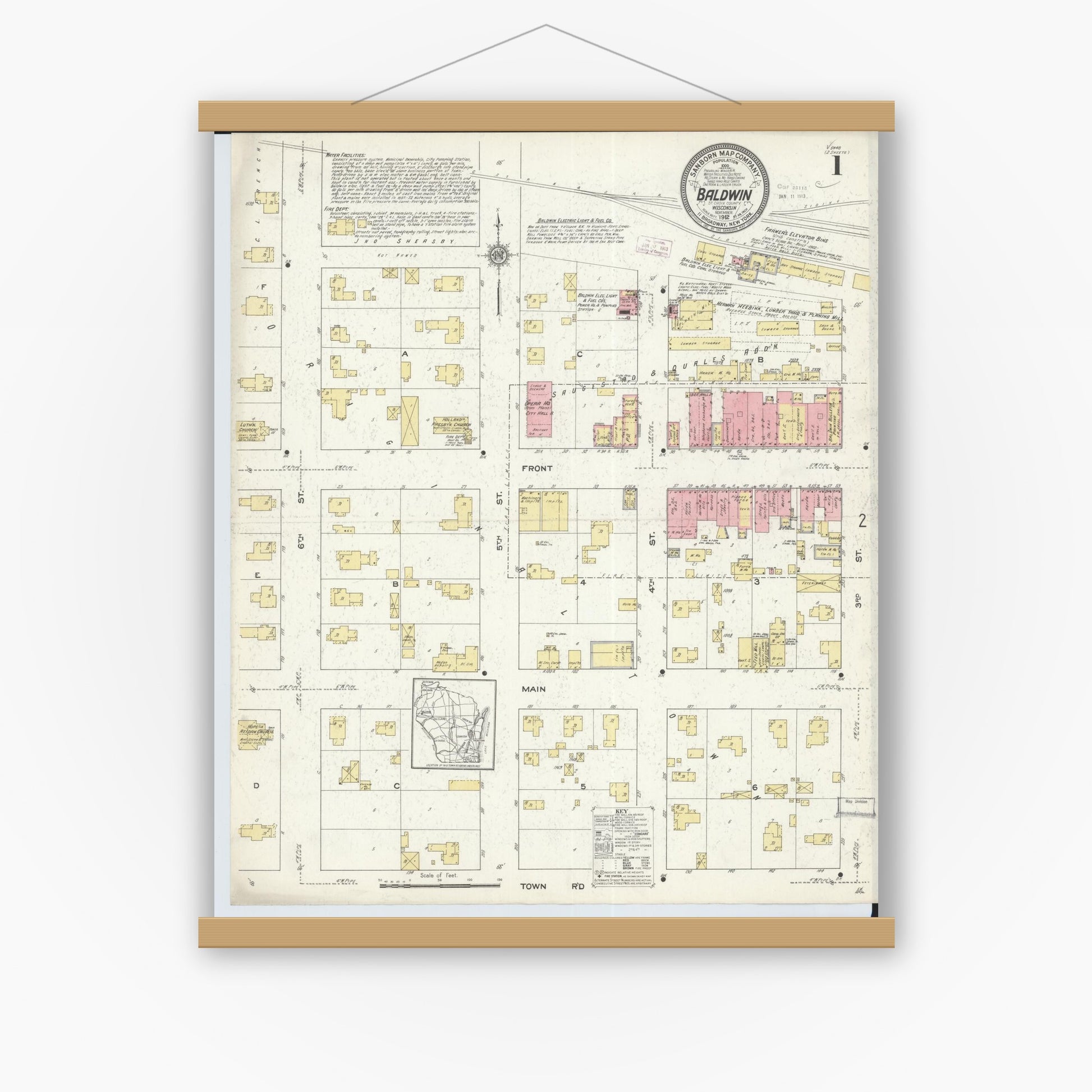 Old map wall art mockup — magnetic wood frame on white wall — Sanborn Fire Insurance Map from Baldwin, St. Croix County, Wisconsin (1912) - Complete Map Set