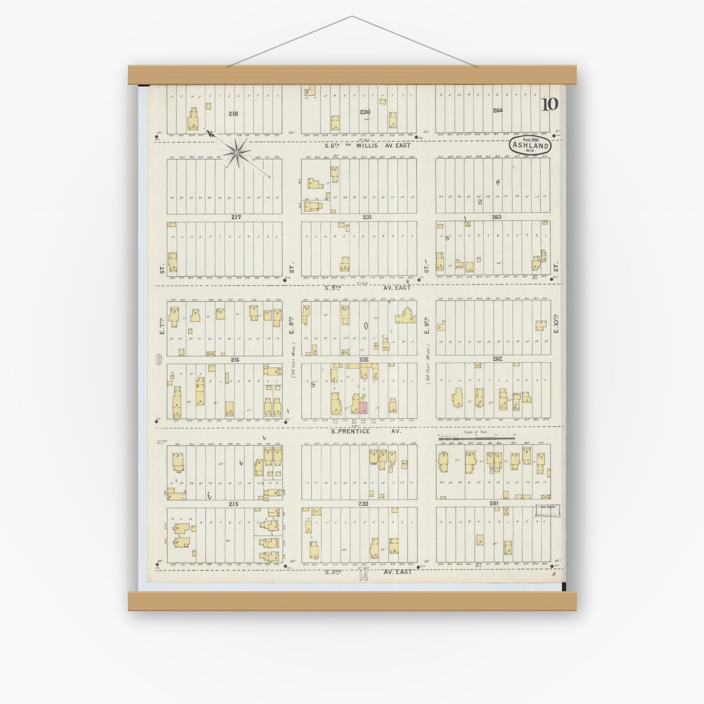 Old map wall art mockup — magnetic wood frame on white wall — Sanborn Fire Insurance Map from Ashland, Ashland County, Wisconsin (1895), Sheet #0010