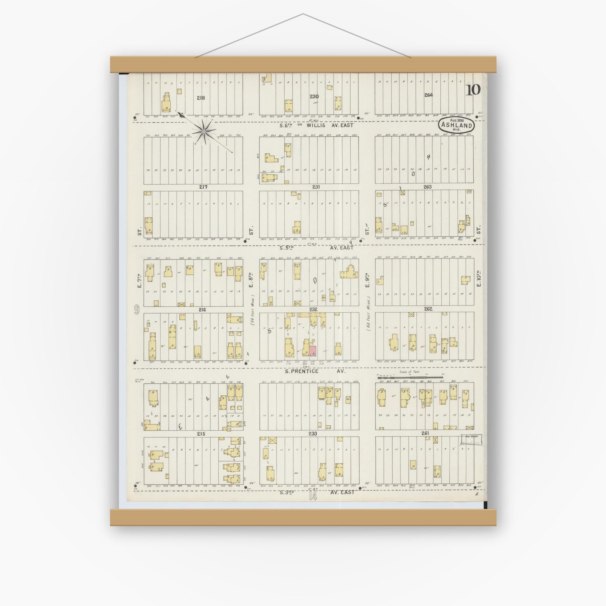 Old map wall art mockup — magnetic wood frame on white wall — Sanborn Fire Insurance Map from Ashland, Ashland County, Wisconsin (1895), Sheet #0010