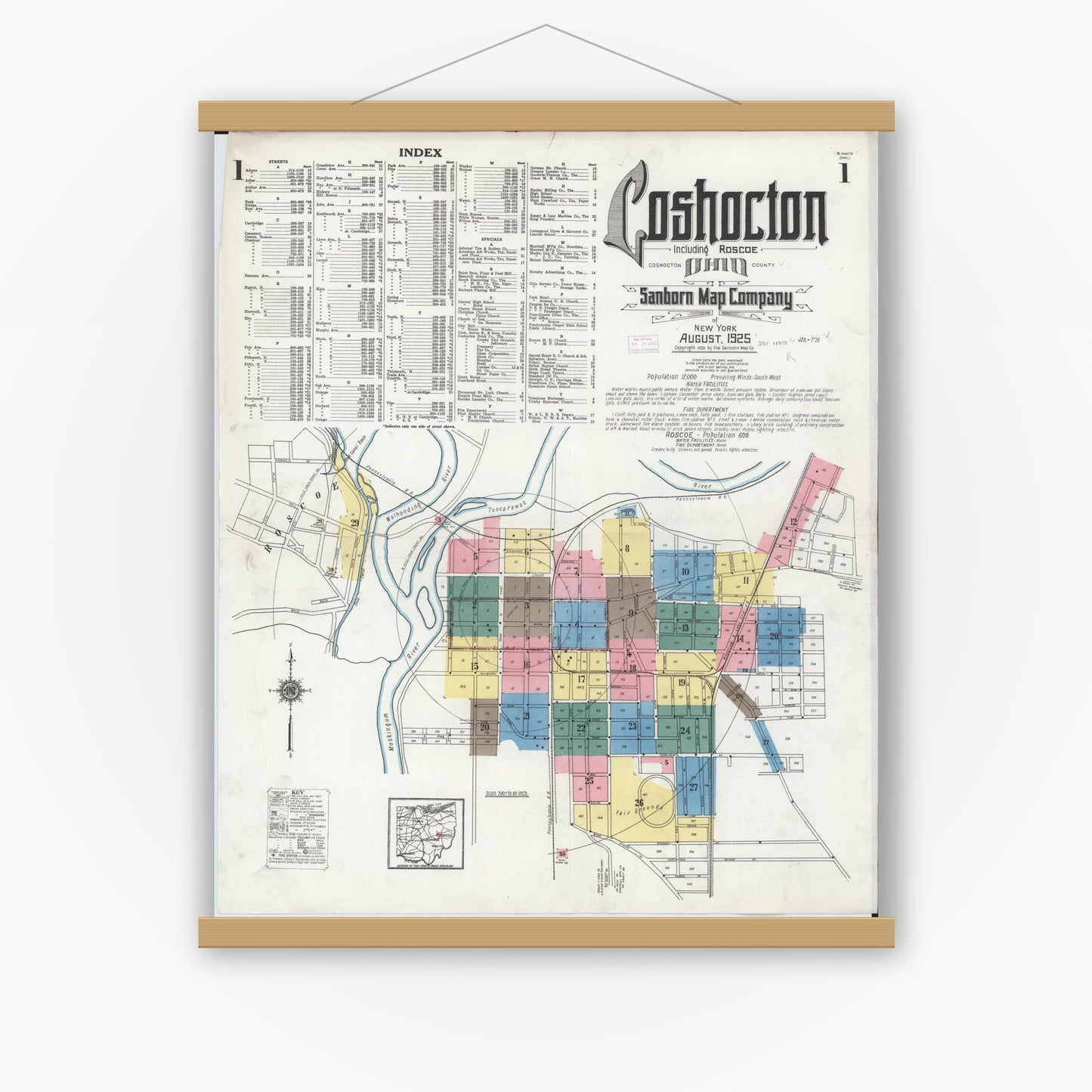 Old map wall art mockup — magnetic wood frame on white wall — Sanborn Fire Insurance Map from Coshocton, Coshocton County, Ohio (1925), Sheet #0001