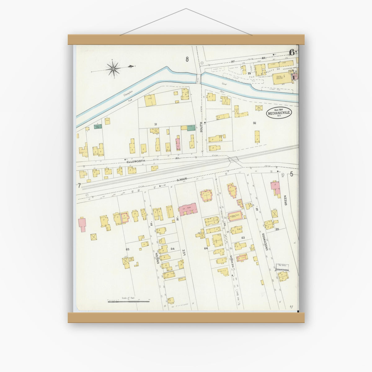 Old map wall art mockup — magnetic wood frame on white wall — Sanborn Fire Insurance Map from Mechanicville, Saratoga County, New York (1904), Sheet #0005
