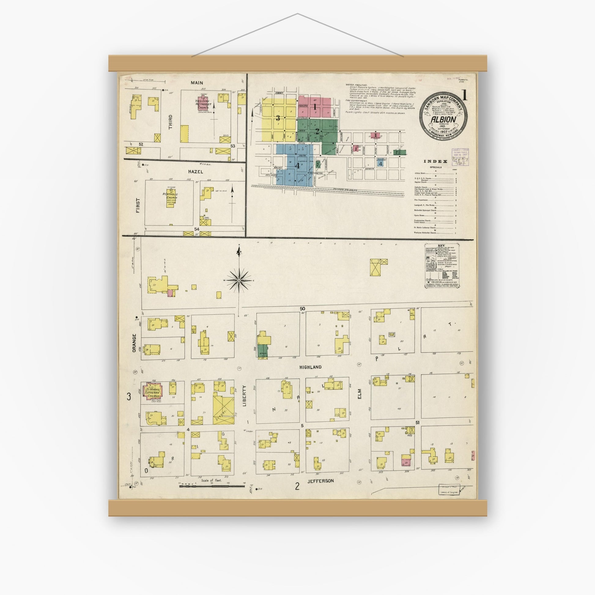 Old map wall art mockup — magnetic wood frame on white wall — Sanborn Fire Insurance Map from Albion, Noble County, Indiana (1907), Sheet #0001