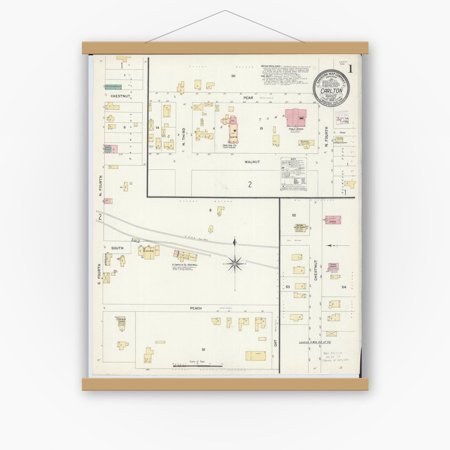 Old map wall art mockup — magnetic wood frame on white wall — Sanborn Fire Insurance Map from Carlton, Carlton County, Minnesota (1908) - Complete Map Set