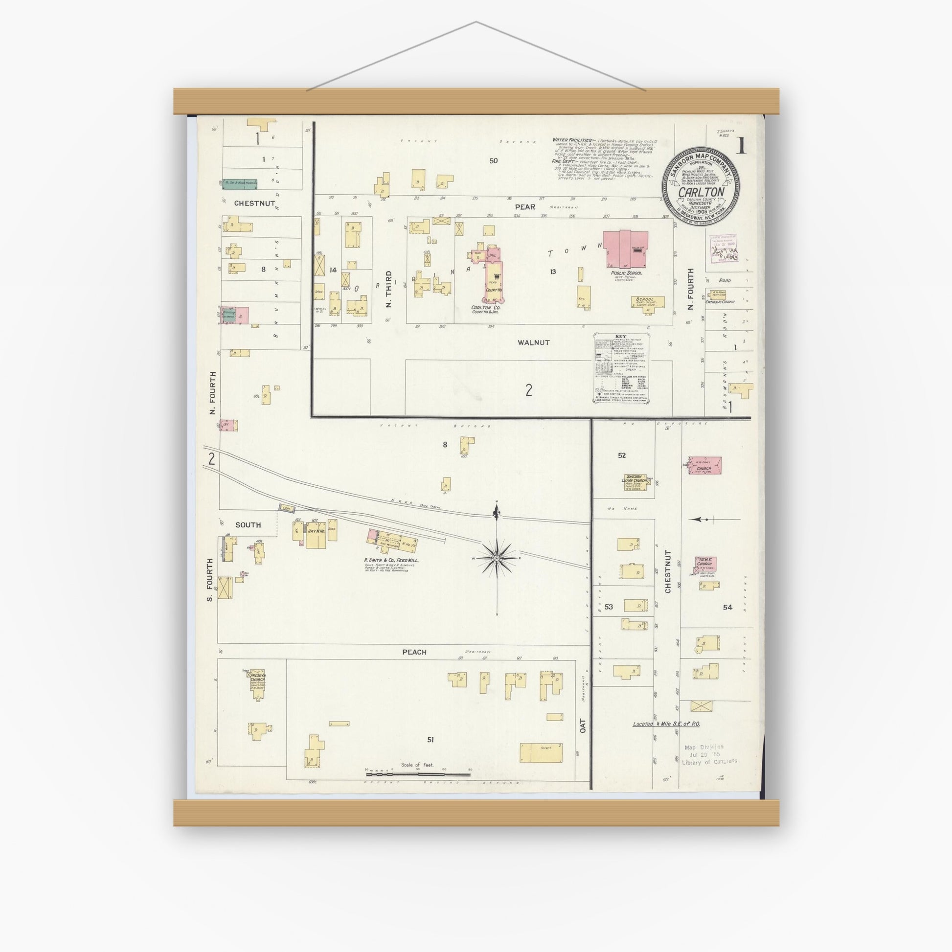 Old map wall art mockup — magnetic wood frame on white wall — Sanborn Fire Insurance Map from Carlton, Carlton County, Minnesota (1908) - Complete Map Set