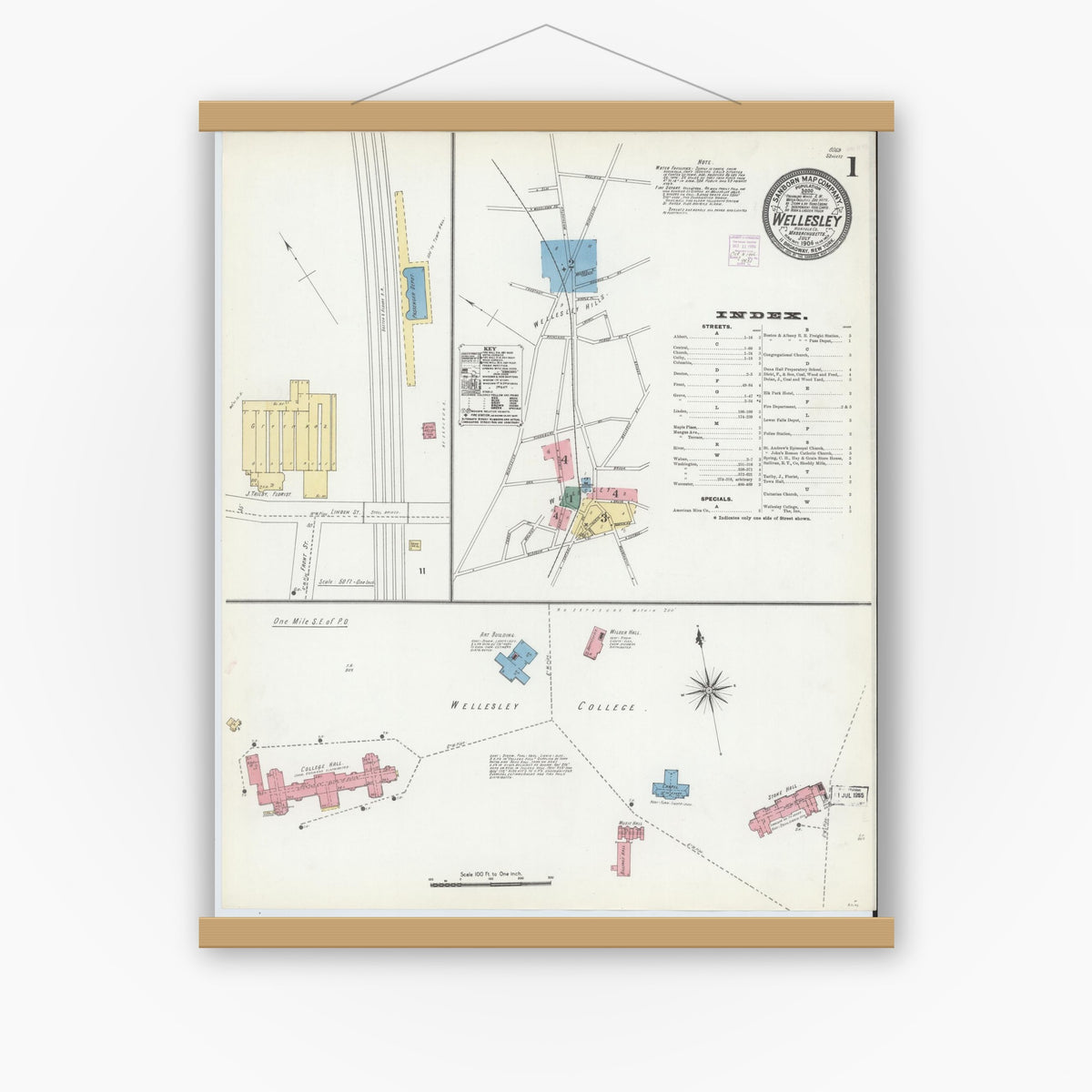 Old map wall art mockup — magnetic wood frame on white wall — Sanborn Fire Insurance Map from Wellesley, Norfolk County, Massachusetts (1906), Sheet #0001