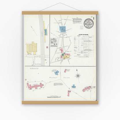 Old map wall art mockup — magnetic wood frame on white wall — Sanborn Fire Insurance Map from Wellesley, Norfolk County, Massachusetts (1906), Sheet #0001