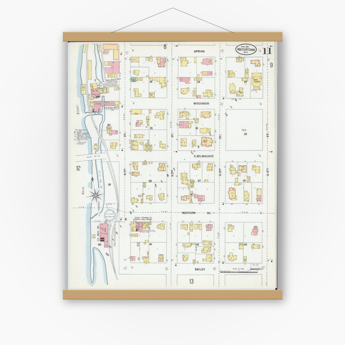 Old map wall art mockup — magnetic wood frame on white wall — Sanborn Fire Insurance Map from Watertown, Jefferson County, Wisconsin (1901), Sheet #0011