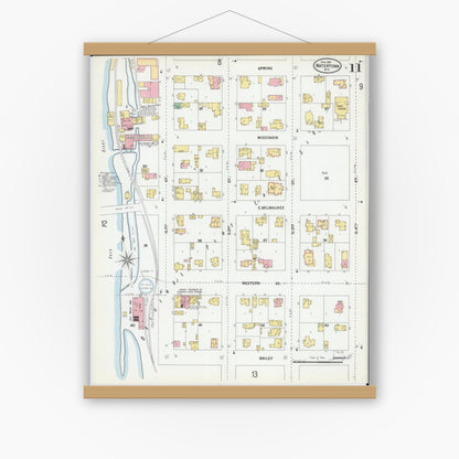 Old map wall art mockup — magnetic wood frame on white wall — Sanborn Fire Insurance Map from Watertown, Jefferson County, Wisconsin (1901), Sheet #0011