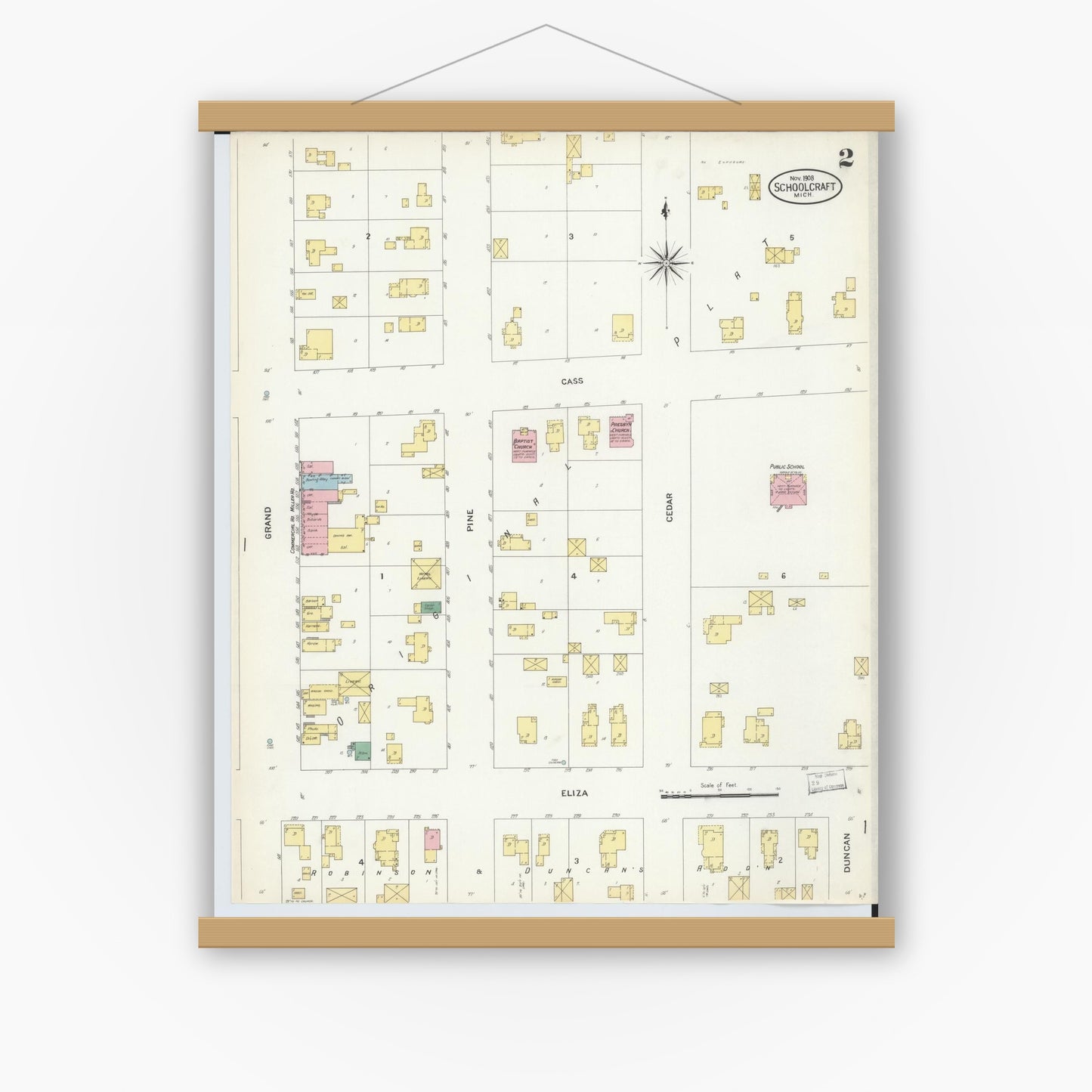 Old map wall art mockup — magnetic wood frame on white wall — Sanborn Fire Insurance Map from Schoolcraft, Kalamazoo County, Michigan (1908), Sheet #0002