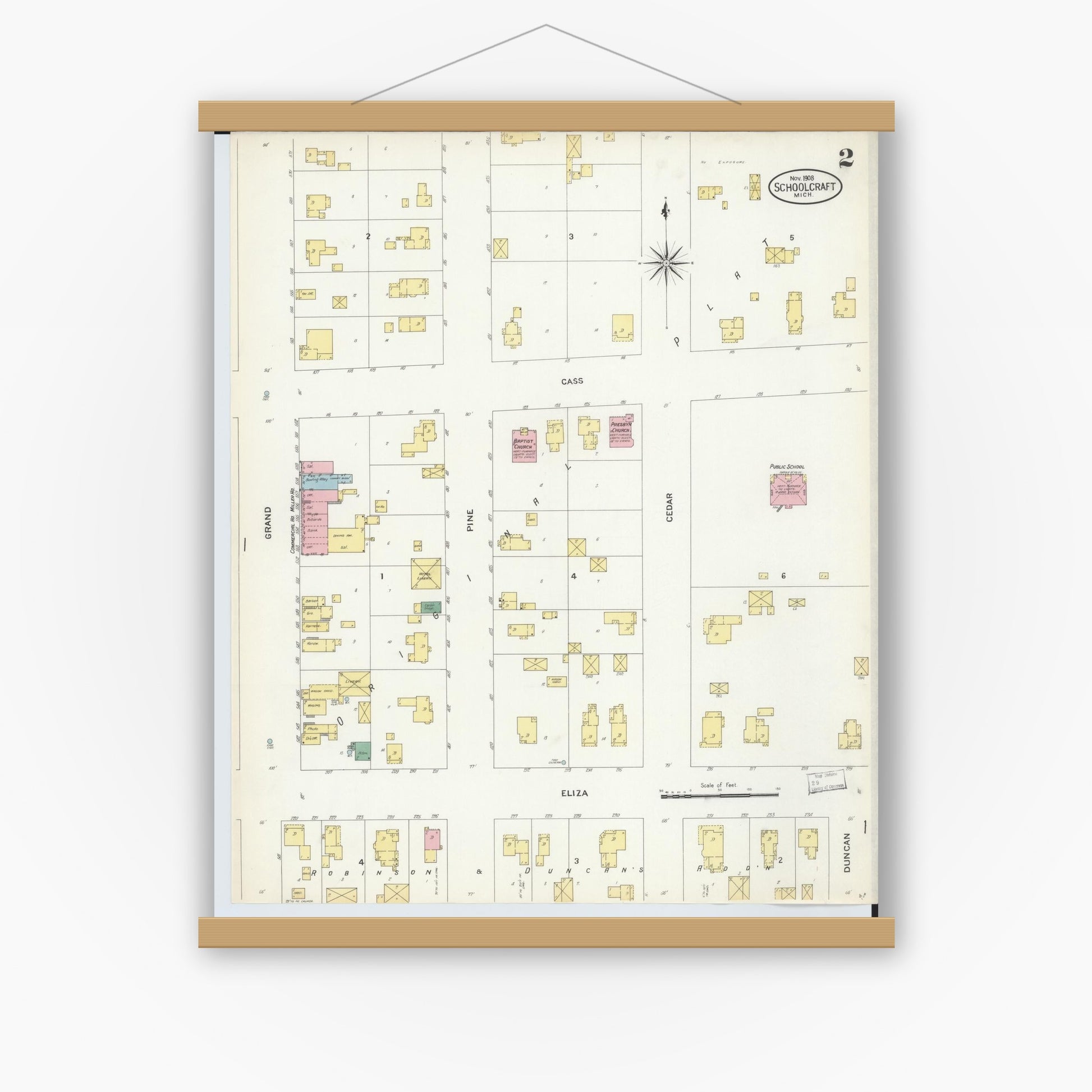 Old map wall art mockup — magnetic wood frame on white wall — Sanborn Fire Insurance Map from Schoolcraft, Kalamazoo County, Michigan (1908), Sheet #0002