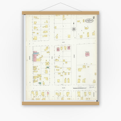 Old map wall art mockup — magnetic wood frame on white wall — Sanborn Fire Insurance Map from Schoolcraft, Kalamazoo County, Michigan (1908), Sheet #0002