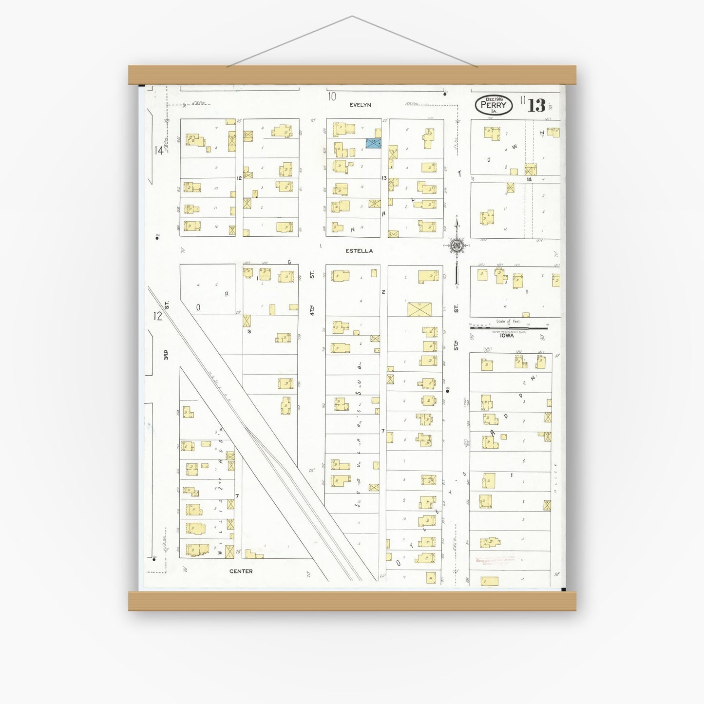 Old map wall art mockup — magnetic wood frame on white wall — Sanborn Fire Insurance Map from Perry, Dallas County, Iowa (1918), Sheet #0013