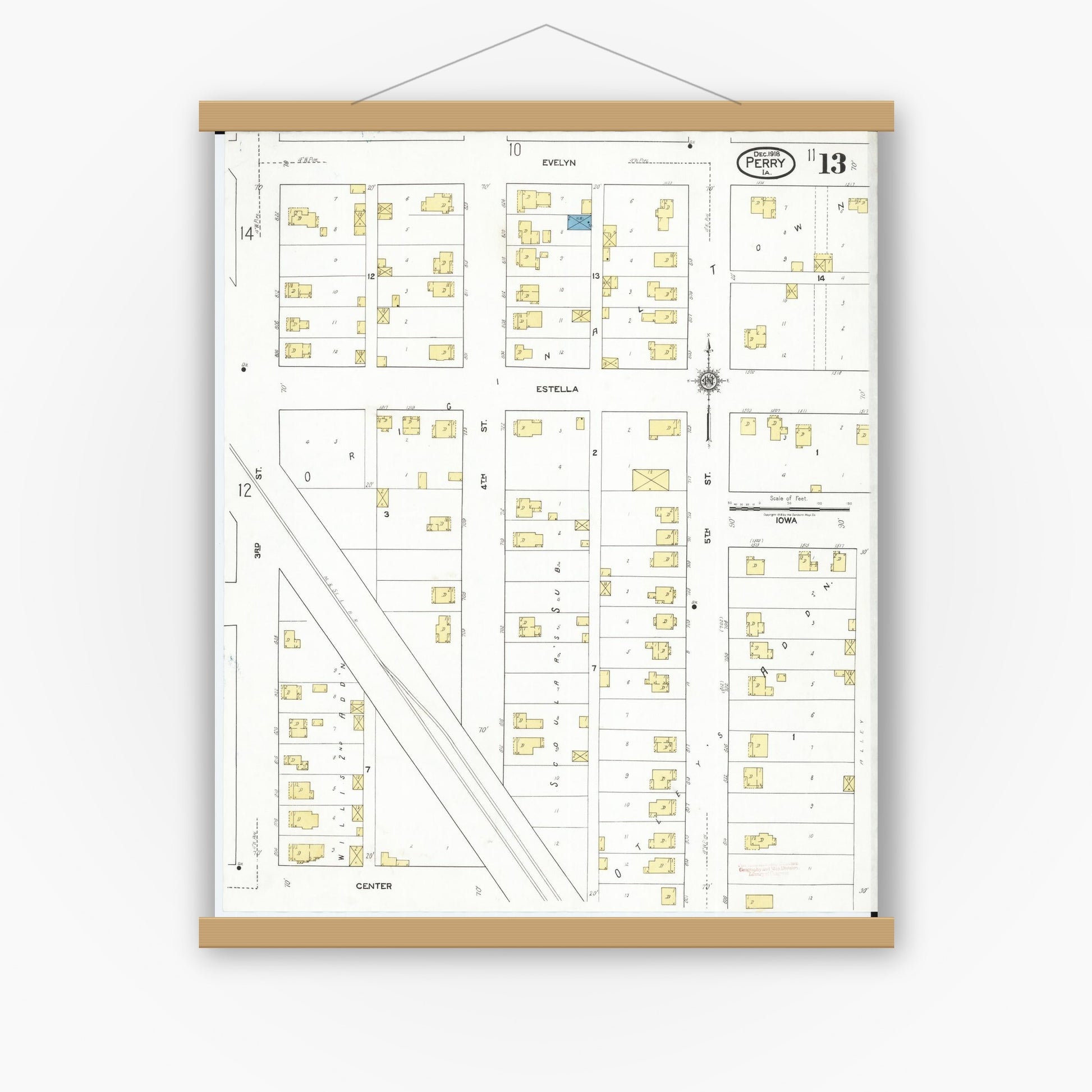 Old map wall art mockup — magnetic wood frame on white wall — Sanborn Fire Insurance Map from Perry, Dallas County, Iowa (1918), Sheet #0013