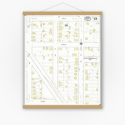 Old map wall art mockup — magnetic wood frame on white wall — Sanborn Fire Insurance Map from Perry, Dallas County, Iowa (1918), Sheet #0013