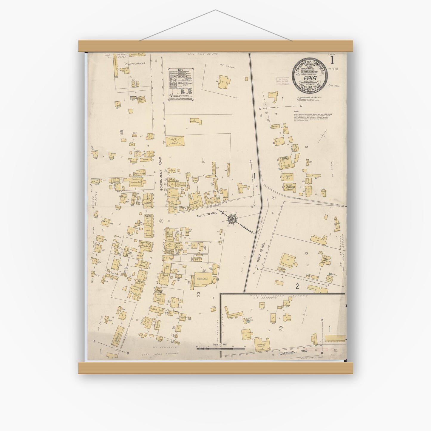 Old map wall art mockup — magnetic wood frame on white wall — Sanborn Fire Insurance Map from Paia, Maui County, Hawaii (1914), Sheet #0001