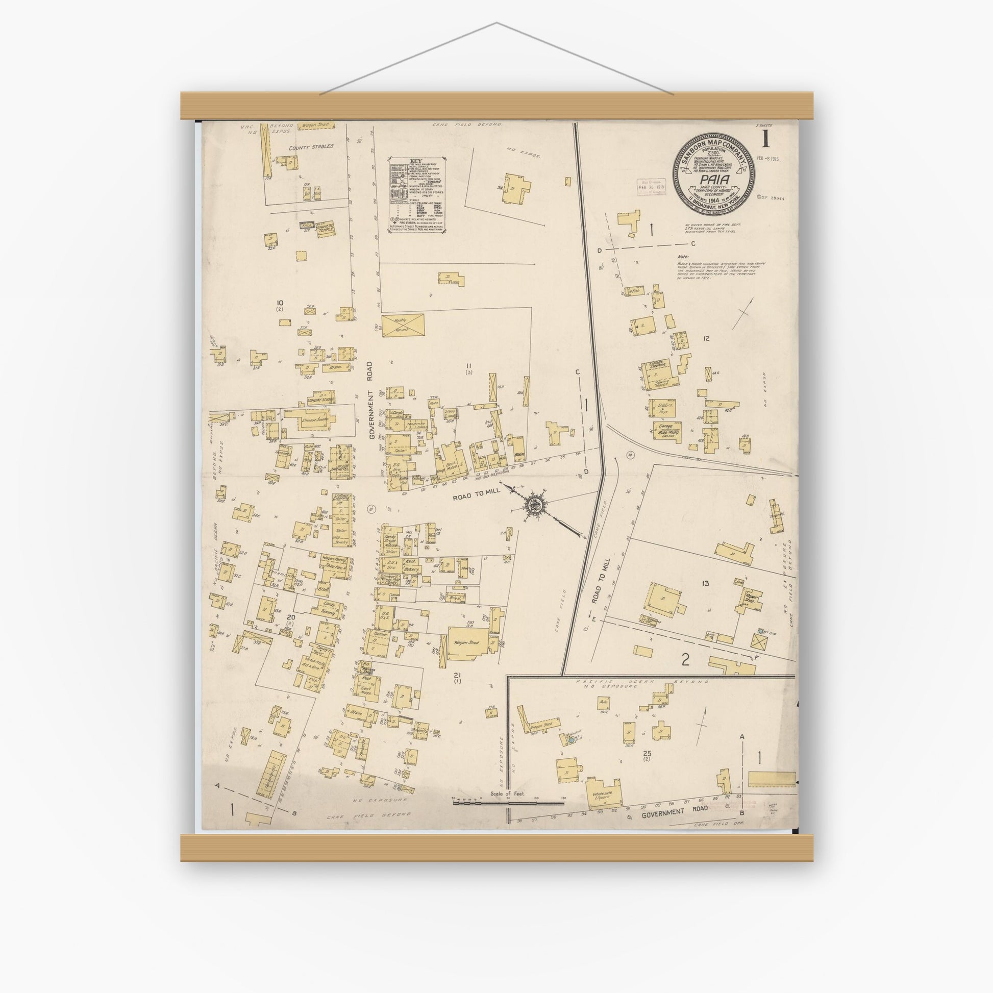Old map wall art mockup — magnetic wood frame on white wall — Sanborn Fire Insurance Map from Paia, Maui County, Hawaii (1914), Sheet #0001